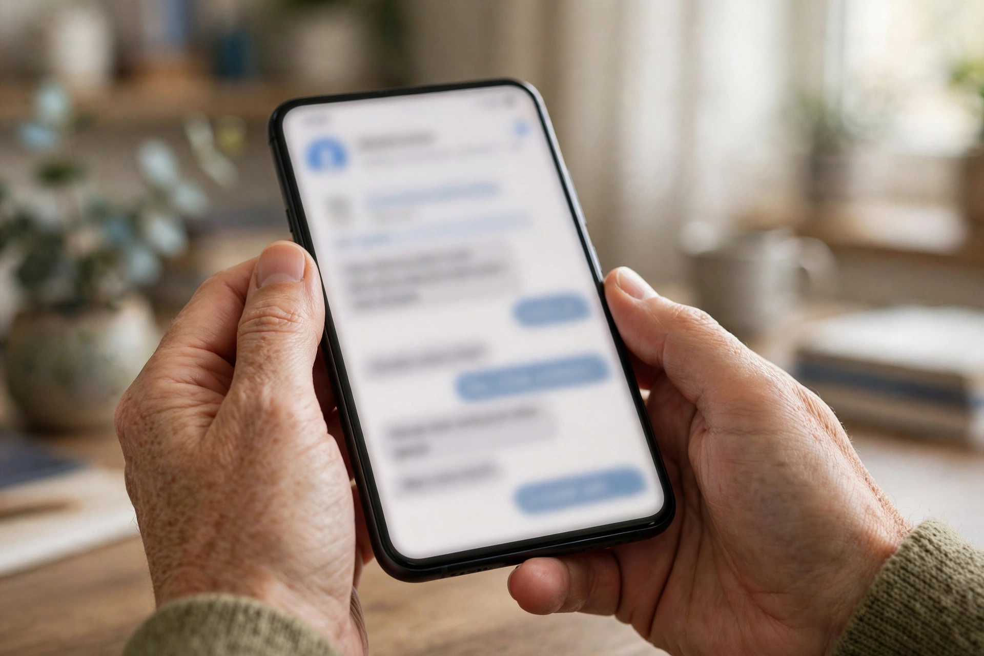 Hands holding a phone with an AI assistant chat conversation