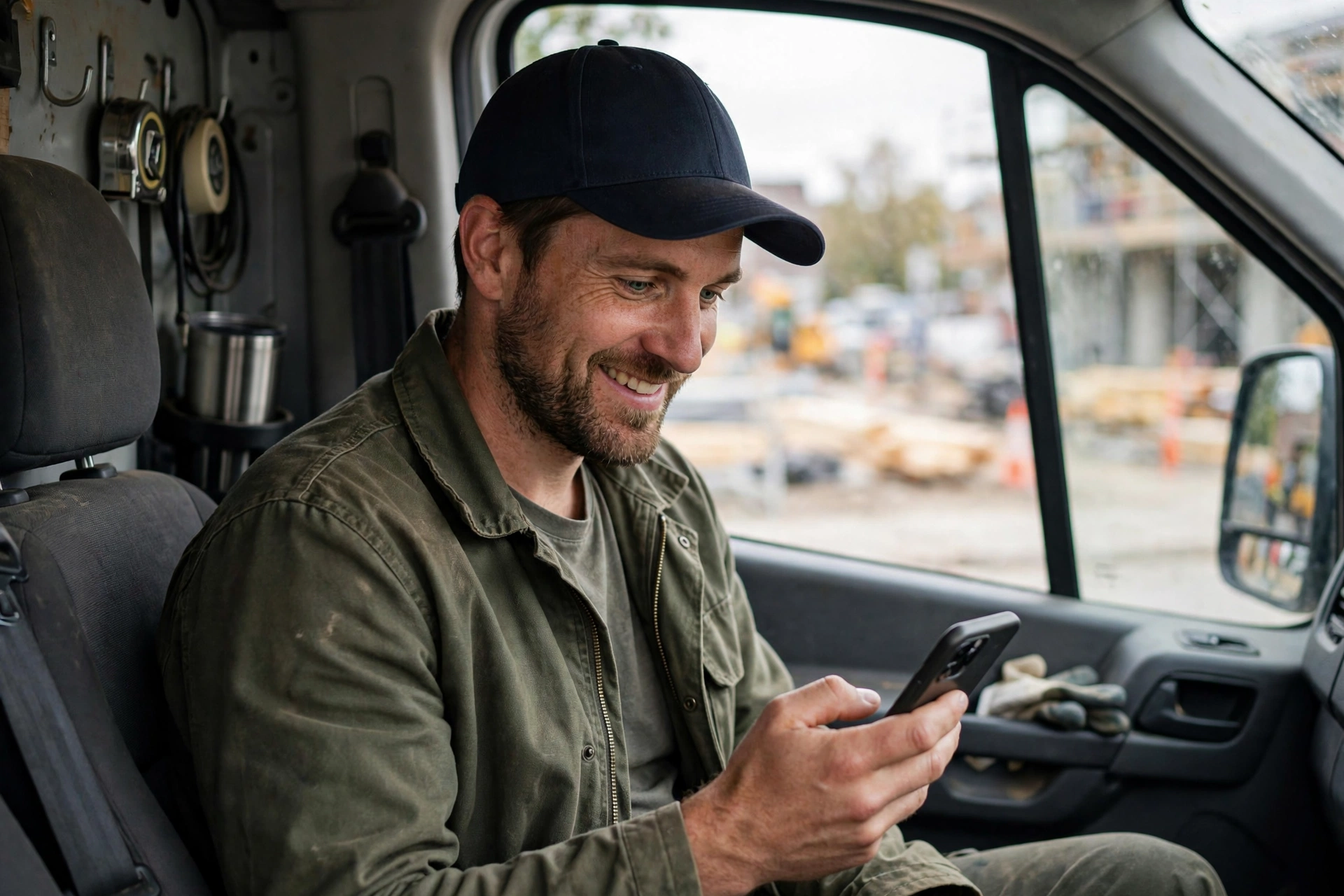 Contractor in his work van checking his phone