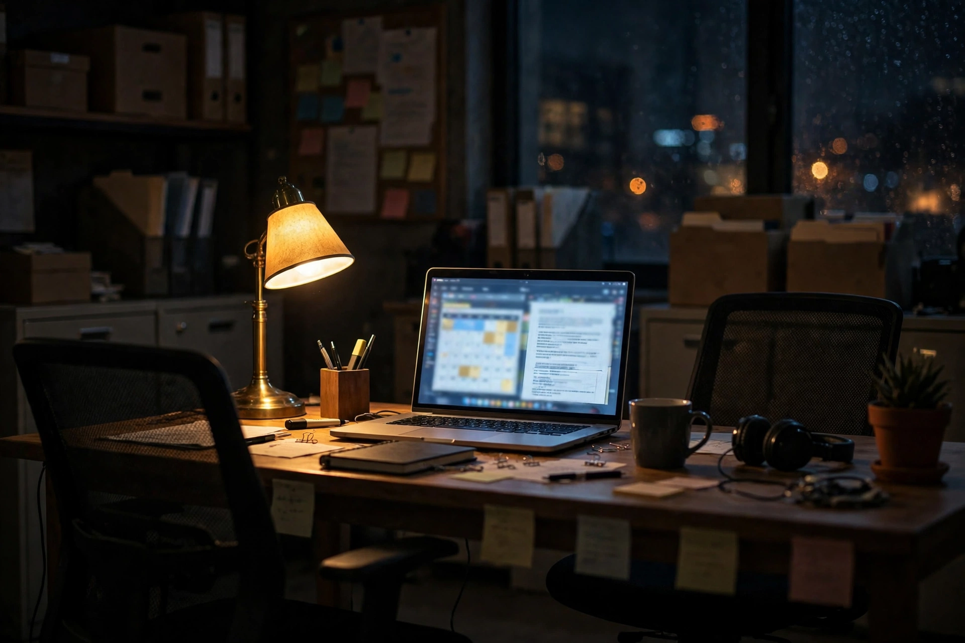 An empty office at night, one laptop still working
