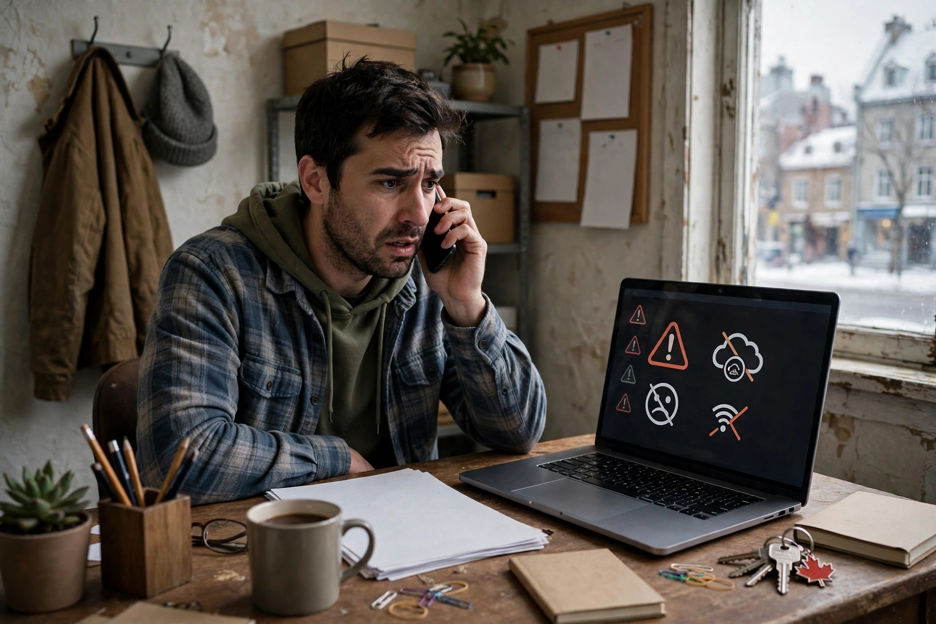 Un propriétaire de PME au téléphone avec son hébergeur, devant un site hors ligne