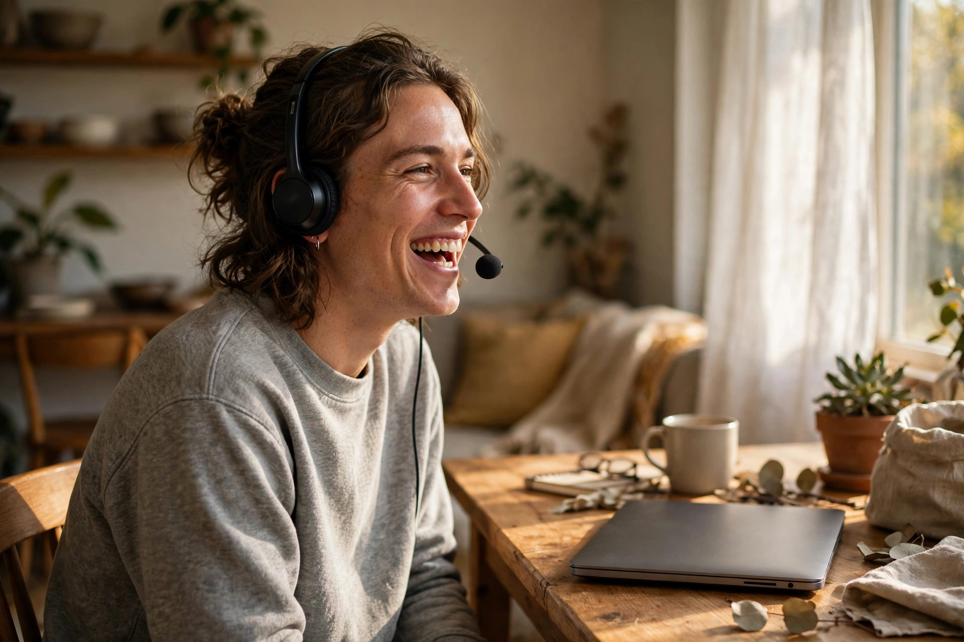 Une personne en conversation vocale, casque avec micro, qui rit en pleine phrase